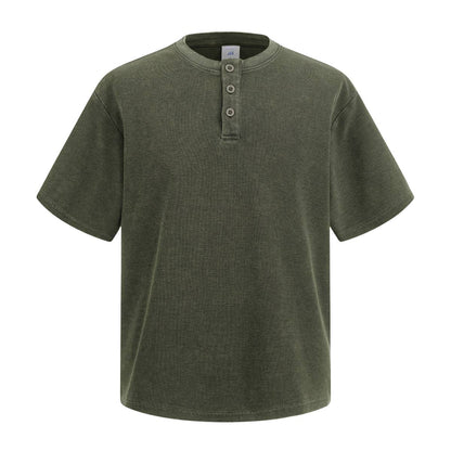Casual Waffle Fabric Button Neck T-Shirt