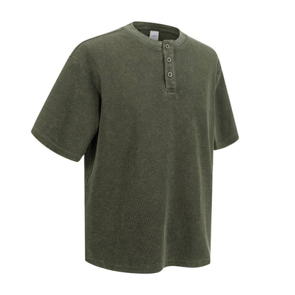 Casual Waffle Fabric Button Neck T-Shirt